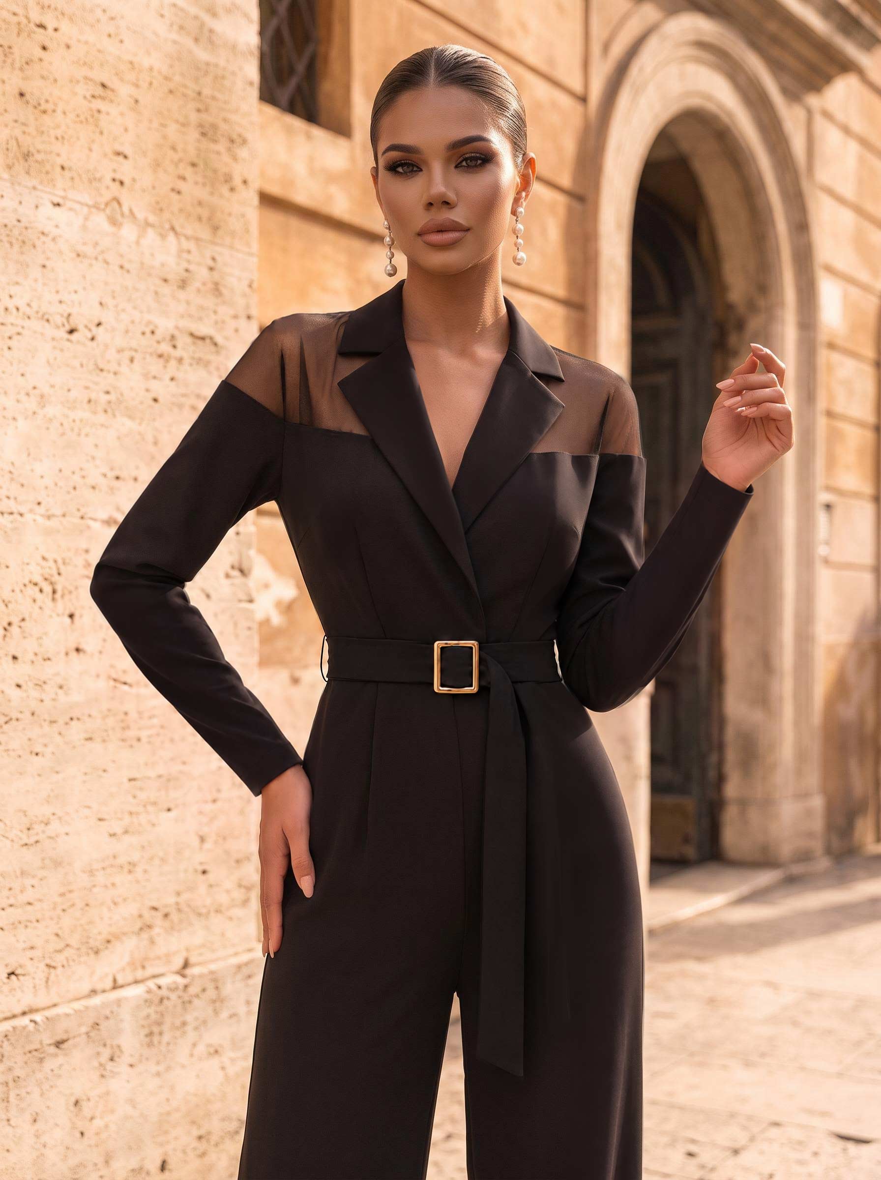 Jumpsuit/Pantsuit V-Neck Long Sleeves Floor-Length Tulle/Elastic Satin Evening Dresses With Sash