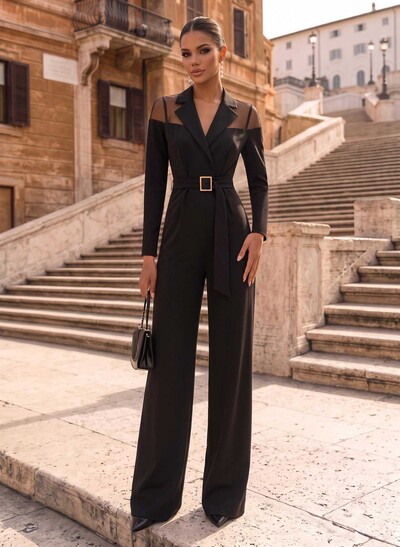 Jumpsuit/Pantsuit V-Neck Long Sleeves Floor-Length Tulle/Elastic Satin Evening Dresses With Sash
