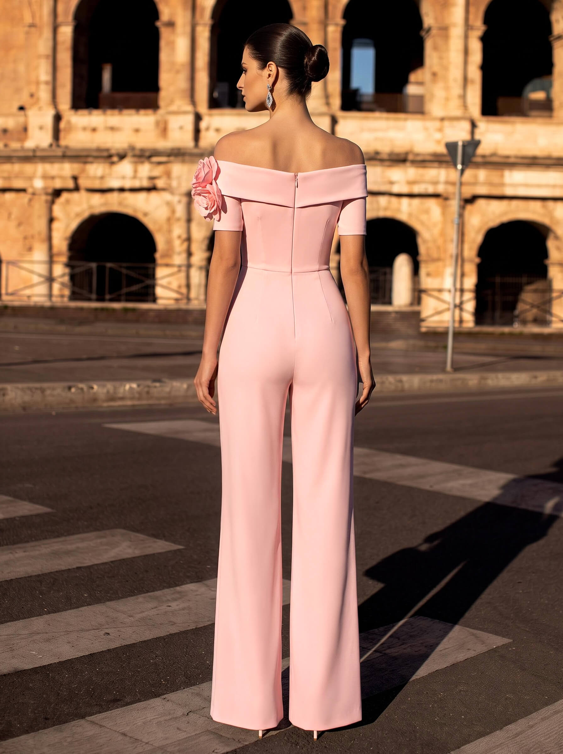Off-The-Shoulder Stretch Satin Evening Jumpsuit / Pantsuit, Short Sleeve, Floor-Length With Flower Detail