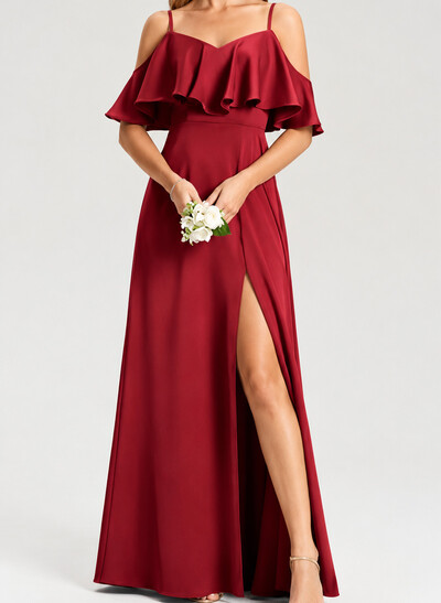 A-Line V-Neck Cape Sleeves Floor-Length Silk Like Satin Evening Dresses With High Split