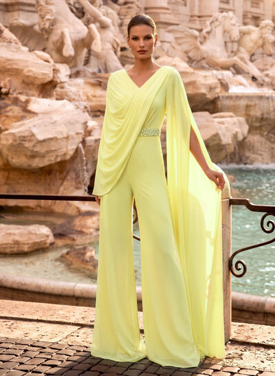 V-Neck Long Sleeve Floor-Length Chiffon Evening Jumpsuit/Pantsuit With Sash/Sweeping Side Drape