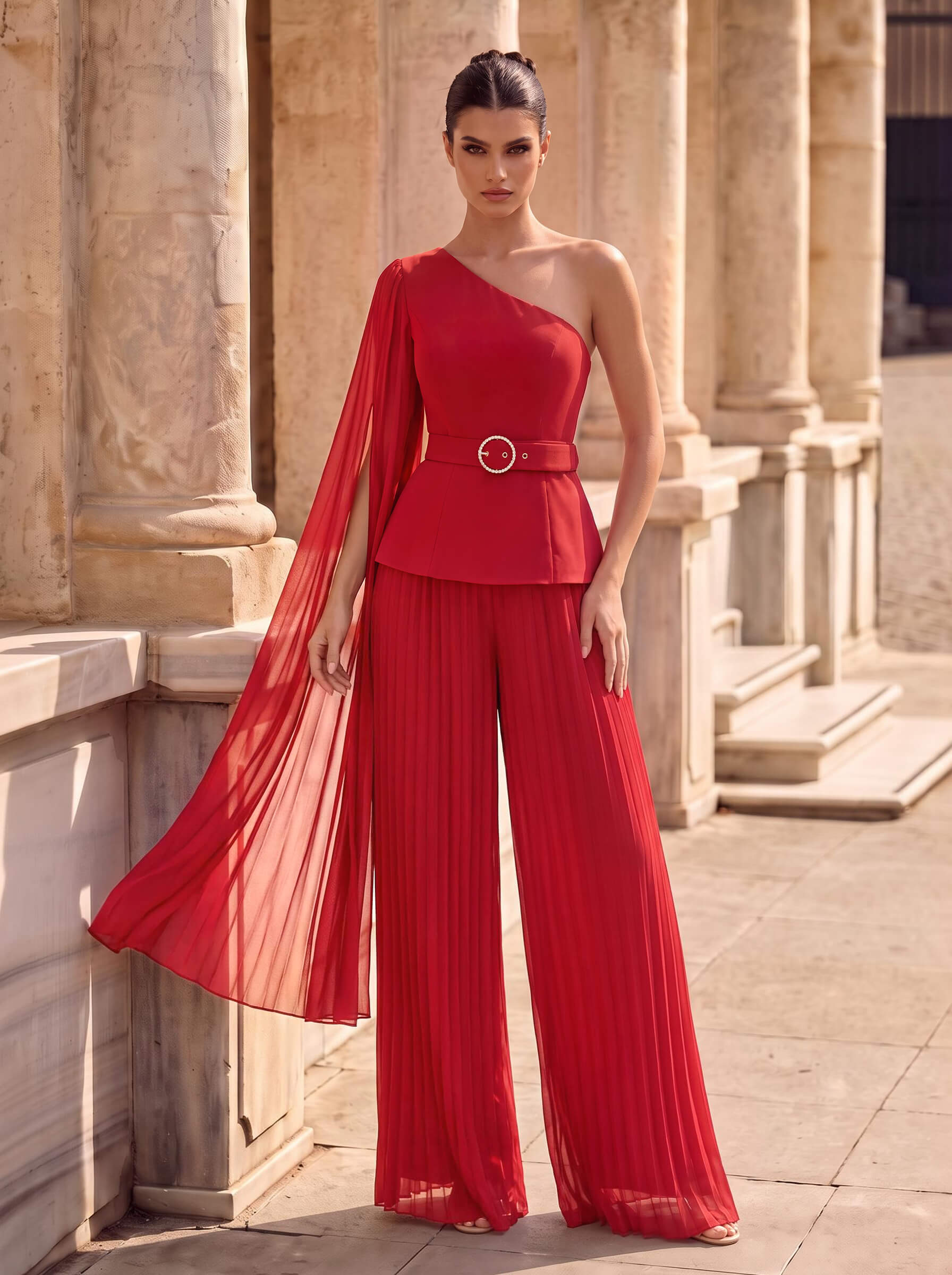 Jumpsuit/Pantsuit One-Shoulder Sleeveless Floor-Length Chiffon Evening Dresses With Pleated/Sash