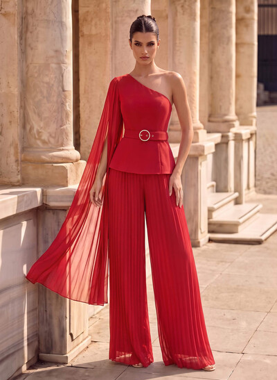 Jumpsuit/Pantsuit One-Shoulder Sleeveless Floor-Length Chiffon Evening Dresses With Pleated/Sash