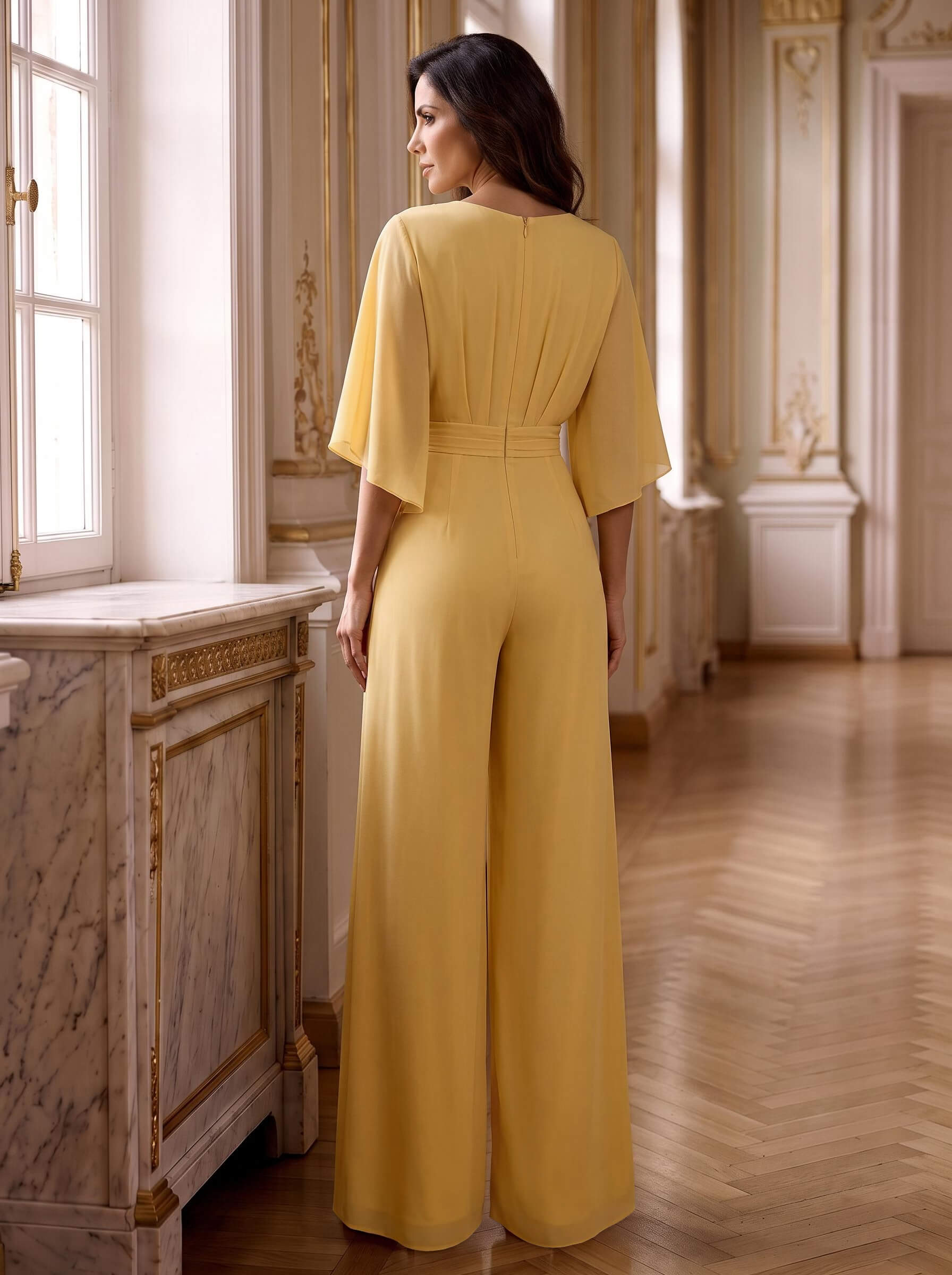 Jumpsuit/Pantsuit V-Neck 3/4 Sleeve Floor-Length Chiffon Formal Dress