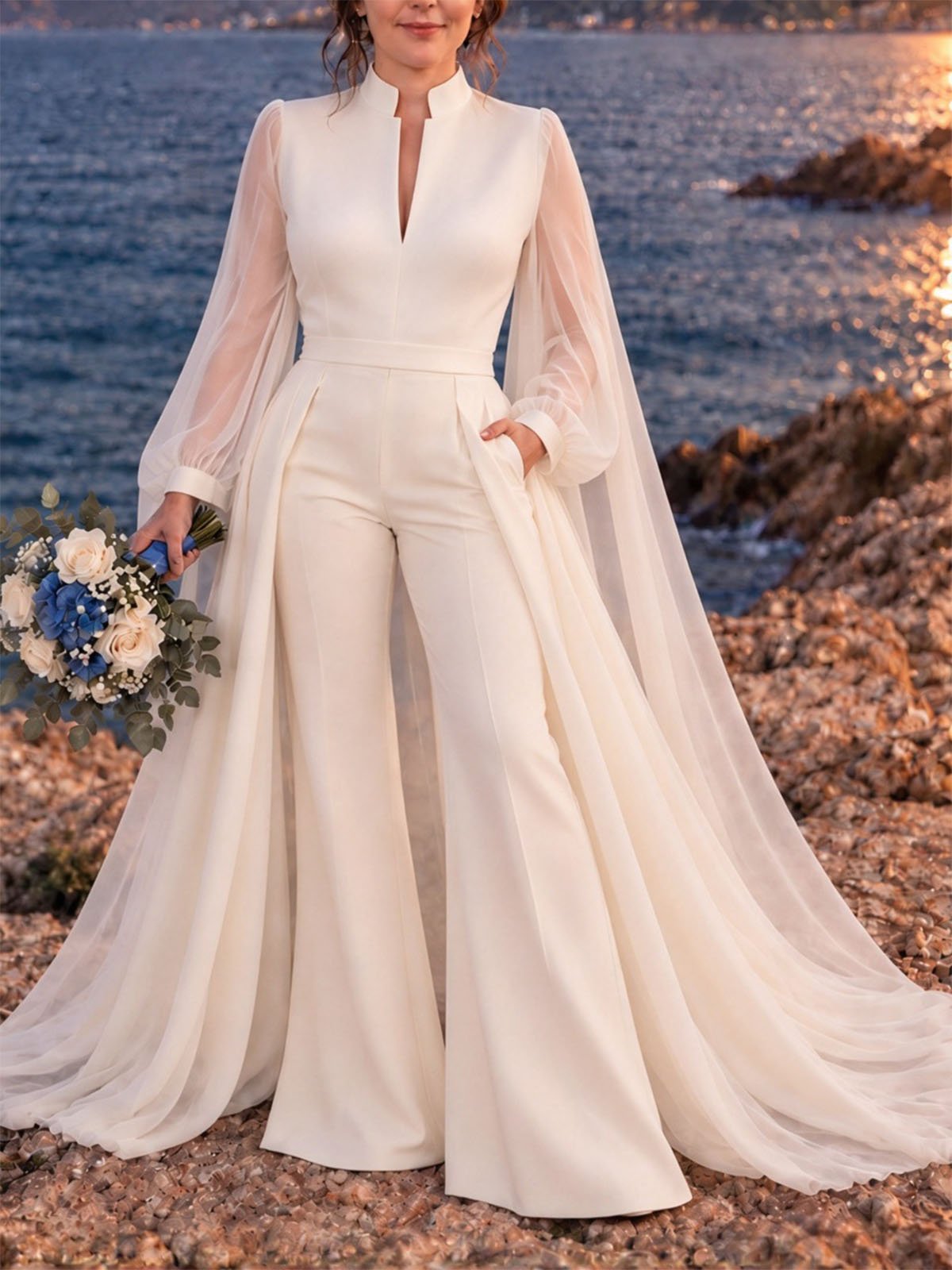 Jumpsuit/Pantsuit V-Neck Long Sleeves Floor-Length Matte Satin Evening Dresses With Overskirt Dress