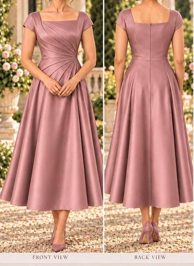 A-Line Square Neckline Short Sleeves Ankle-Length Silk Like Satin Evening Dresses With Pleated