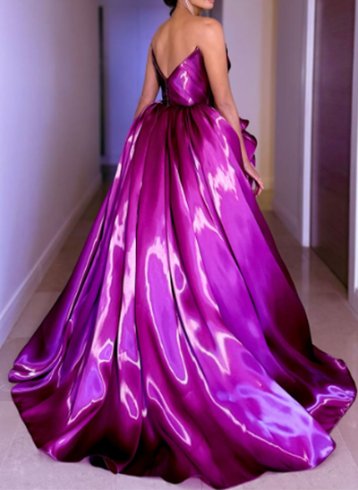 Ball-Gown Strapless Sleeveless Court Train Liquid Satin Evening Dresses With Split Front