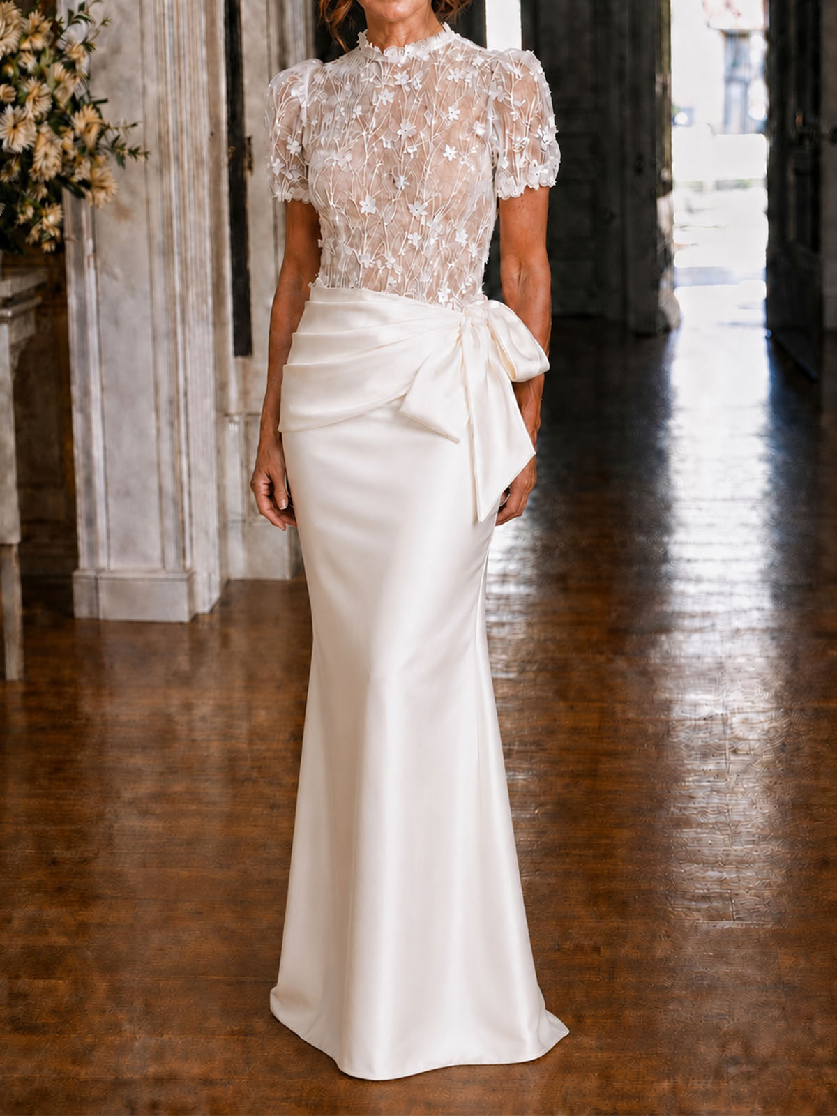 Sheath/Column High Neck Short Sleeves Floor-Length Lace/Tulle/Matte Satin Evening Dresses With Bow/Lace