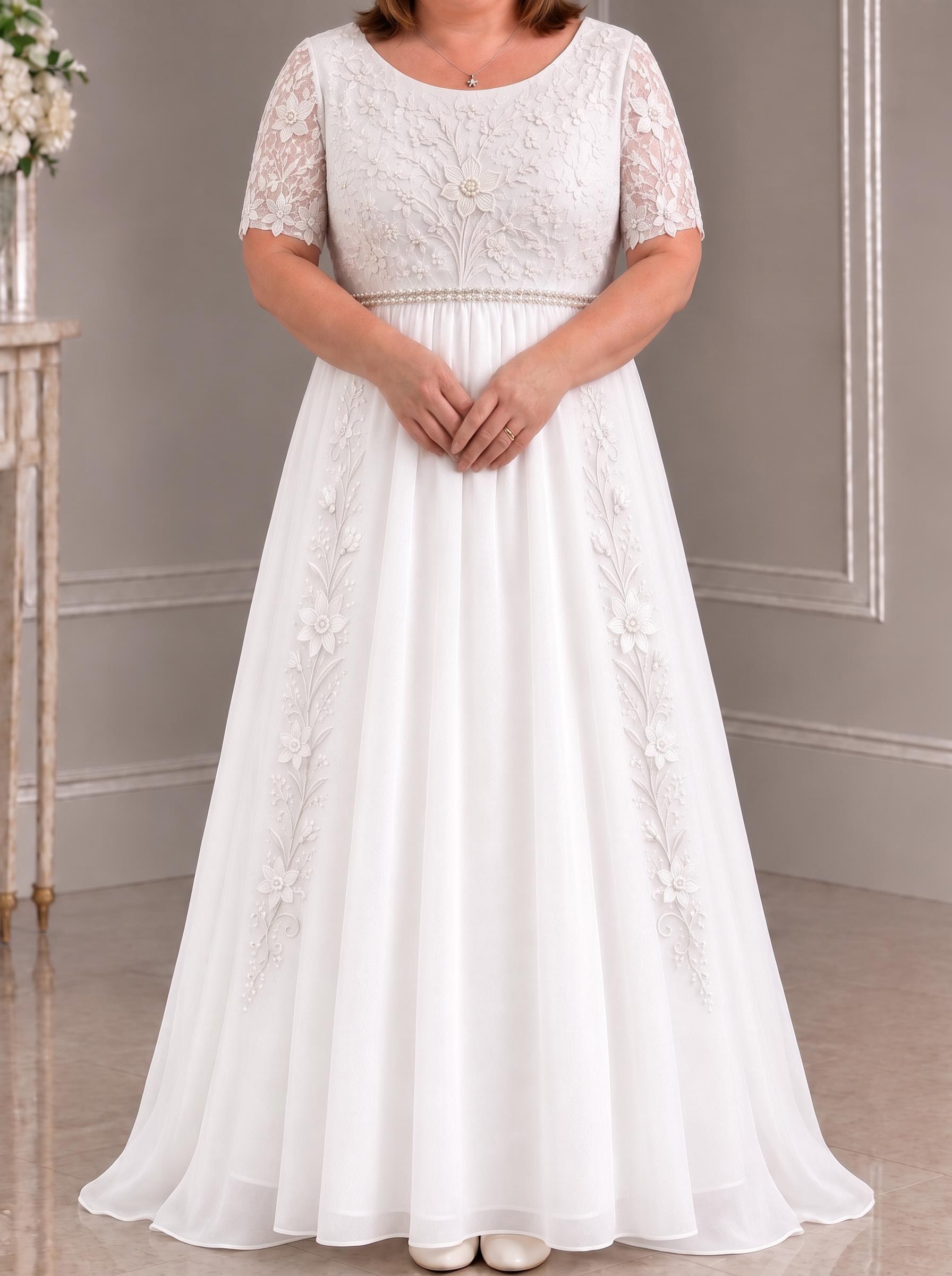 A-Line Scoop Neck Short Sleeves Floor-Length Chiffon/Tulle Evening Dresses With Appliques Lace