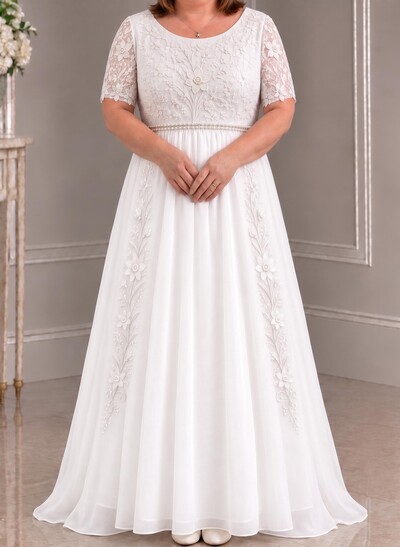 A-Line Scoop Neck Short Sleeves Floor-Length Chiffon/Tulle Evening Dresses With Appliques Lace