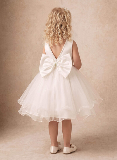 Ball-Gown Scoop Neck Sleeveless Knee-Length Satin/Organza Flower Girl Dresses With Bow/Beading