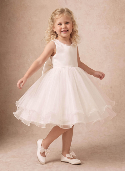 Ball-Gown Scoop Neck Sleeveless Knee-Length Satin/Organza Flower Girl Dresses With Bow/Beading