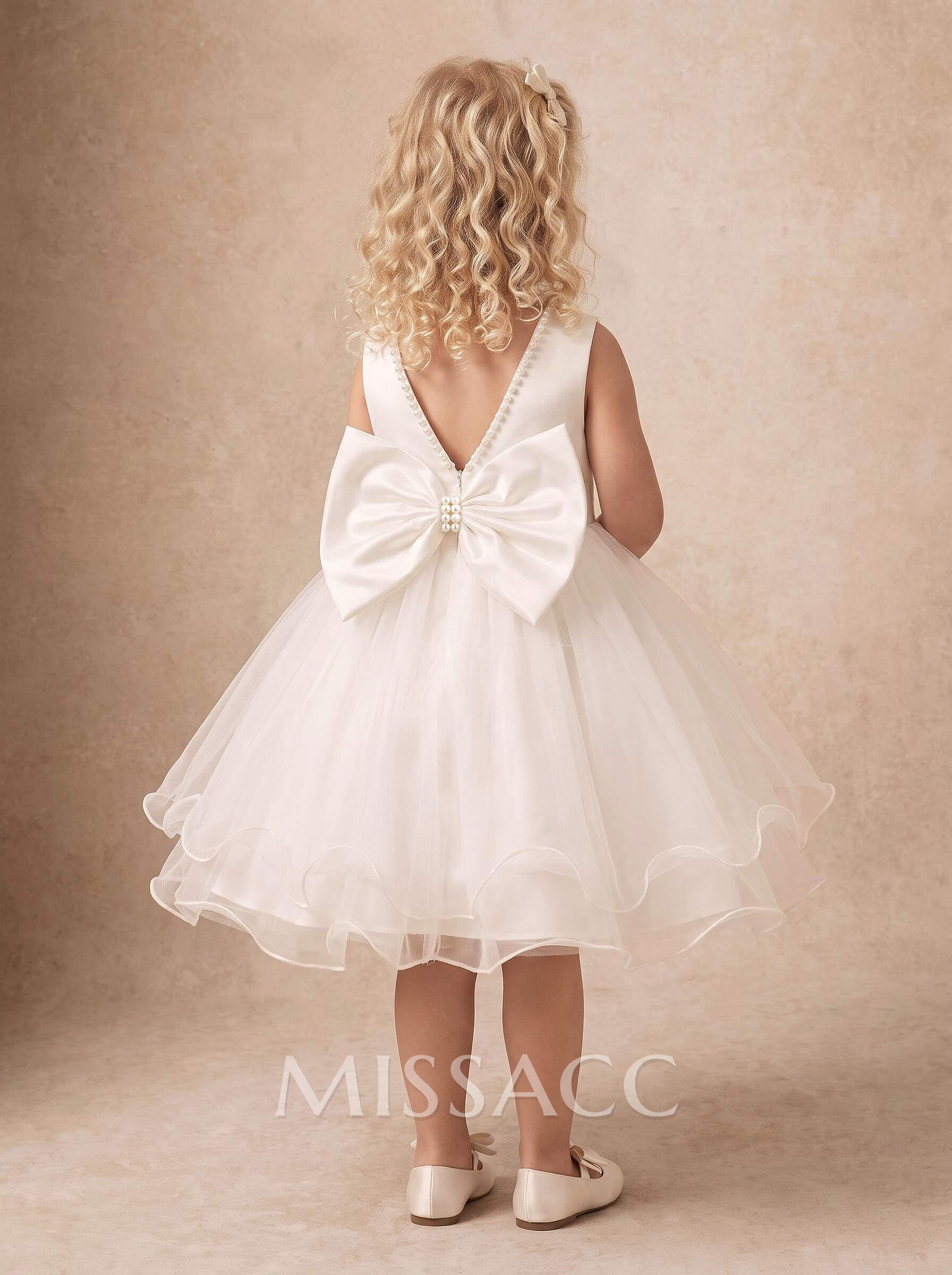 Ball-Gown Scoop Neck Sleeveless Knee-Length Satin/Organza Flower Girl Dresses With Bow/Beading