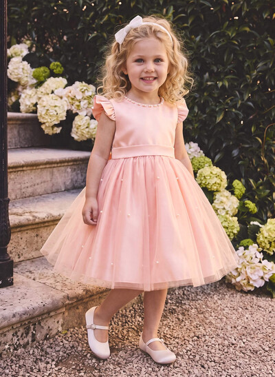 Ball-Gown Scoop Neck Sleeveless Knee-Length Satin/Tulle Flower Girl Dresses With Bow/Beading