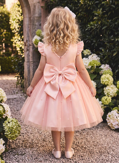 Ball-Gown Scoop Neck Sleeveless Knee-Length Satin/Tulle Flower Girl Dresses With Bow/Beading