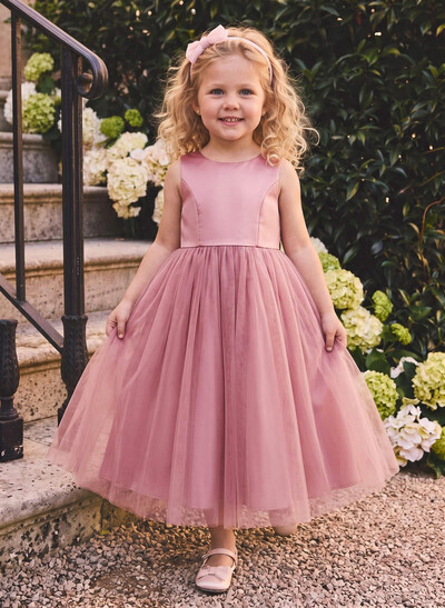 Ball-Gown Scoop Neck Sleeveless Ankle-Length Satin/Tulle Flower Girl Dresses With Bow/Pockets
