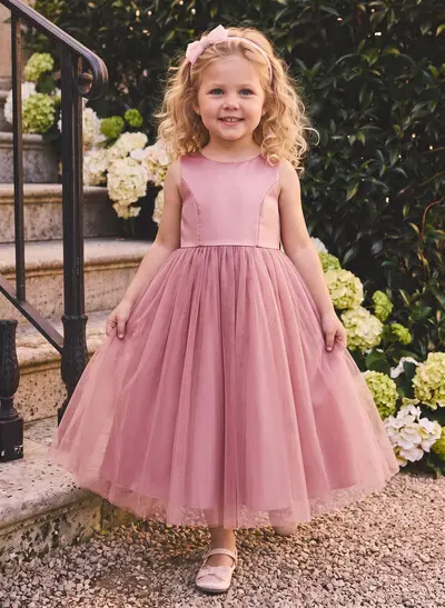 Ball-Gown Scoop Neck Sleeveless Ankle-Length Satin/Tulle Flower Girl Dresses With Bow/Pockets