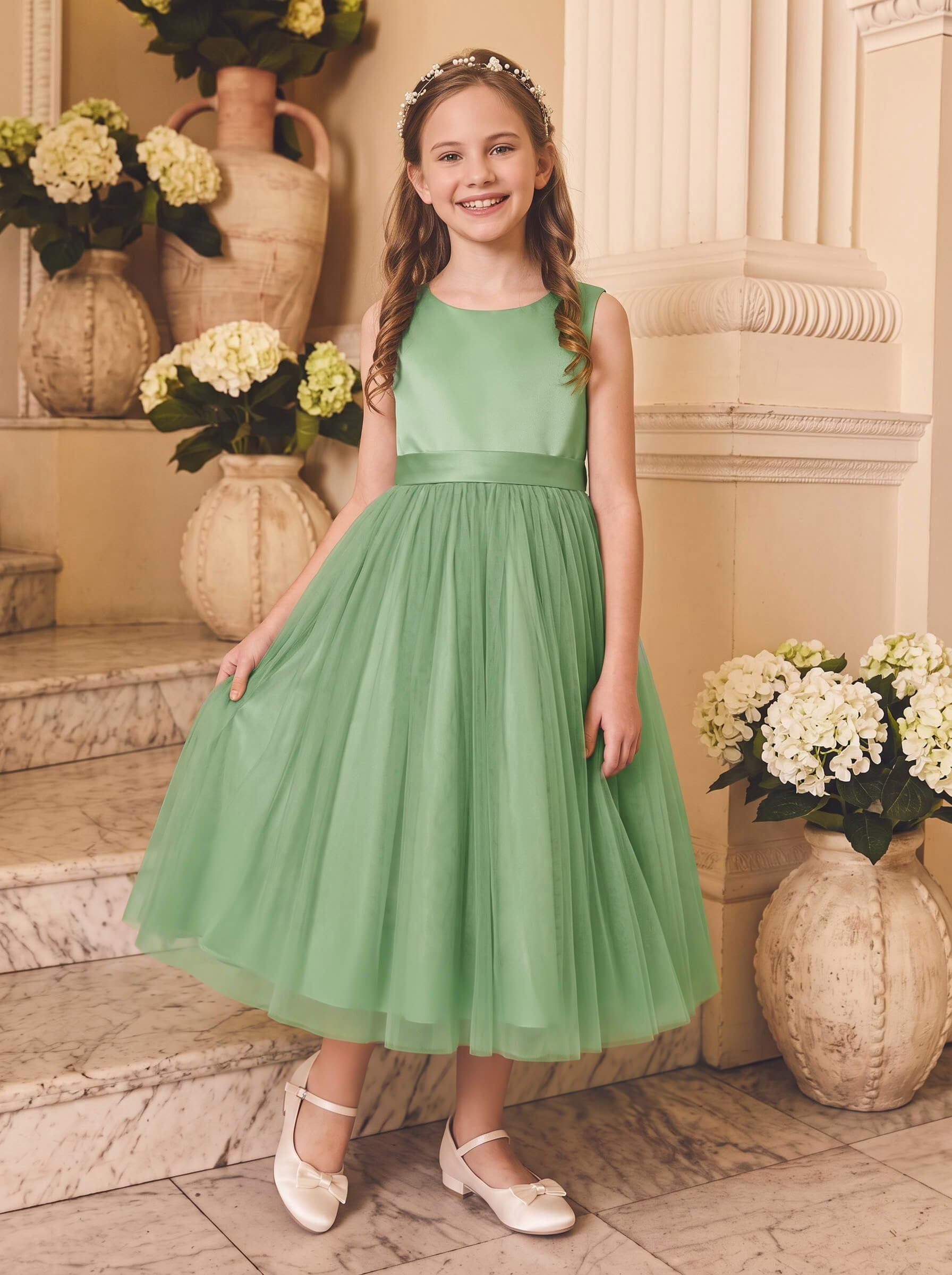 Ball-Gown Scoop Neck Sleeveless Tea-Length Satin/Tulle Flower Girl Dresses With Bow/Pockets