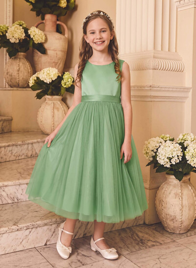 Ball-Gown Scoop Neck Sleeveless Tea-Length Satin/Tulle Flower Girl Dresses With Bow/Pockets
