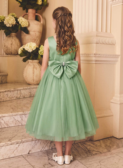 Ball-Gown Scoop Neck Sleeveless Tea-Length Satin/Tulle Flower Girl Dresses With Bow/Pockets