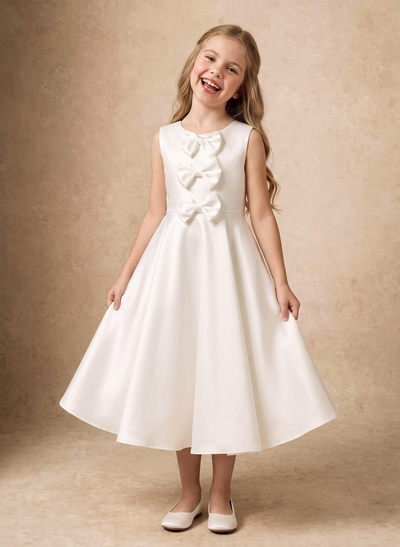 A-Line Scoop Neck Sleeveless Tea-Length Satin Flower Girl Dresses With Bow/Pockets