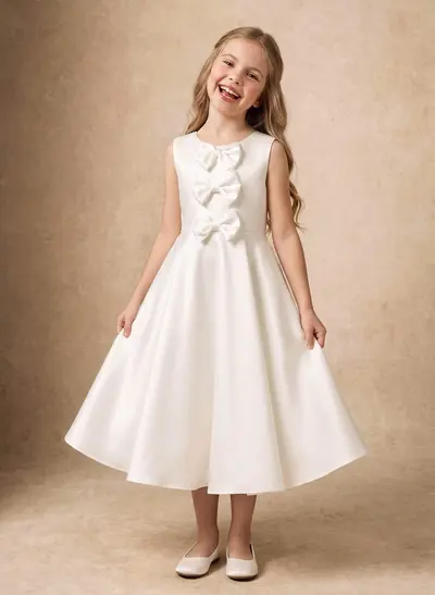 A-Line Scoop Neck Sleeveless Tea-Length Satin Flower Girl Dresses With Bow/Pockets