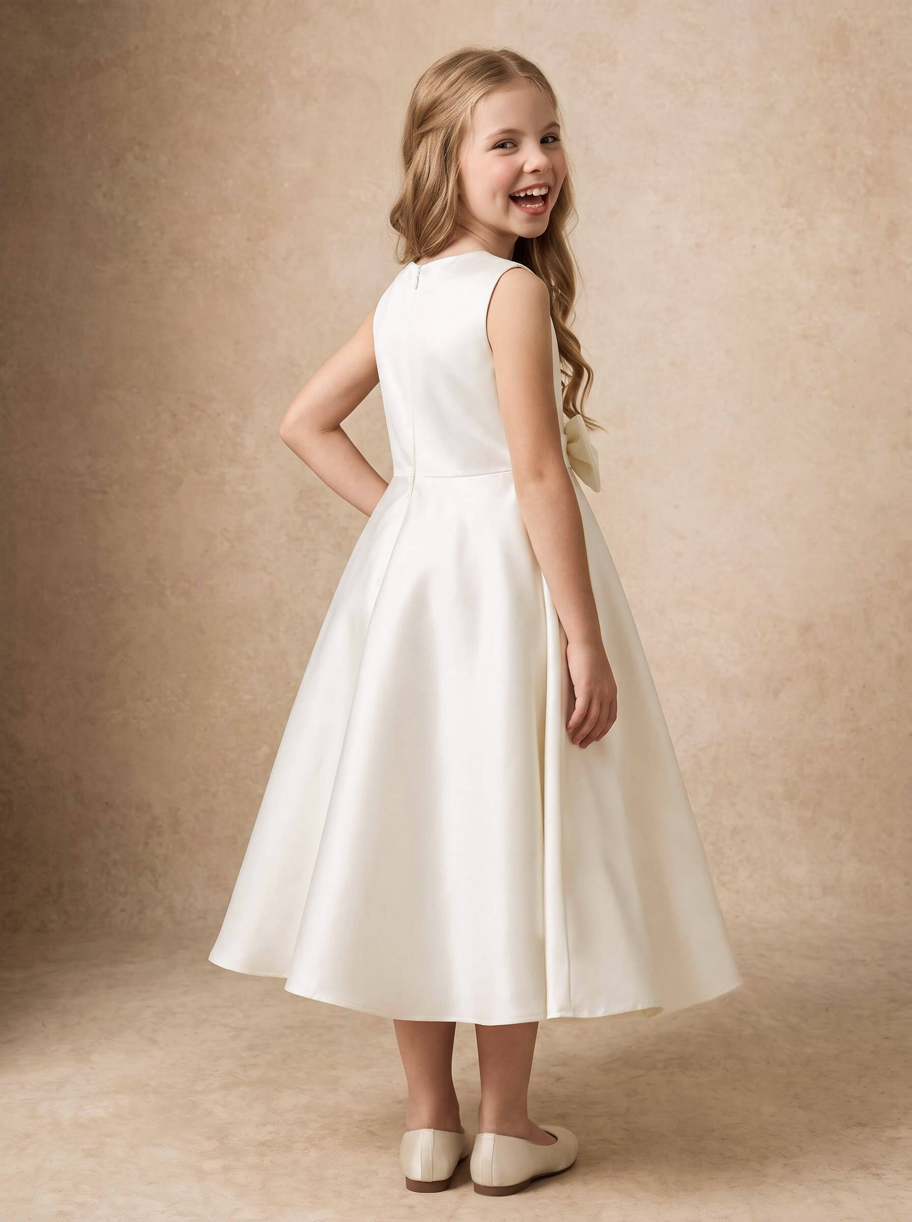 A-Line Scoop Neck Sleeveless Tea-Length Satin Flower Girl Dresses With Bow/Pockets