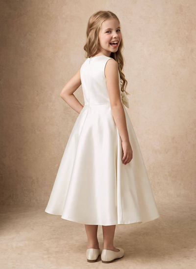 A-Line Scoop Neck Sleeveless Tea-Length Satin Flower Girl Dresses With Bow/Pockets