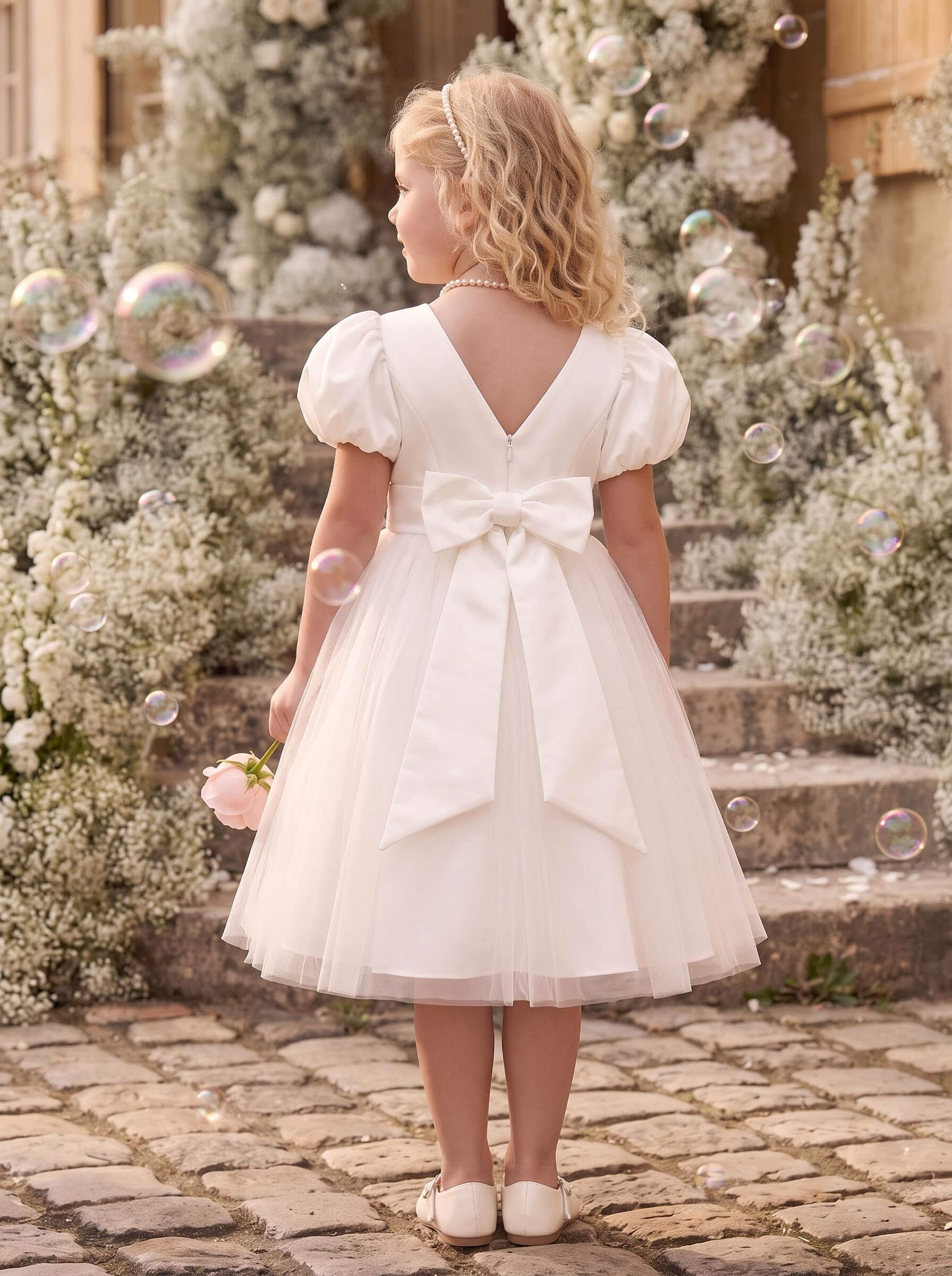 Ball Gown Scoop Neck Short Sleeve Knee-Length Tulle/Matte Satin Flower Girl Dress With Bow/Beading