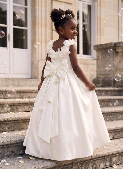 Ball-Gown Scoop Neck Sleeveless Floor-Length Satin/Tulle Flower Girl Dresses With Bow/Pockets/Flower
