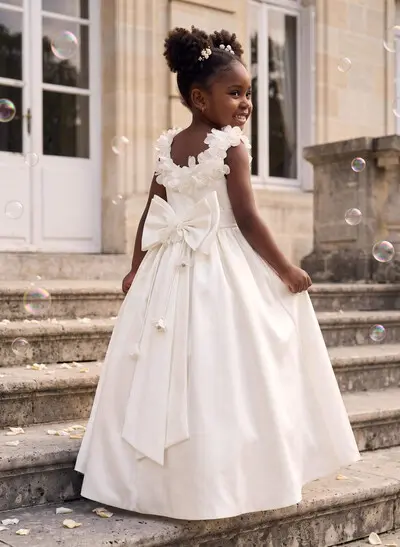 Floor-Length Sleeveless Satin And Tulle Ballgown Flower Girl Dresses With Scoop Neck, Bow, Pockets And Flowers