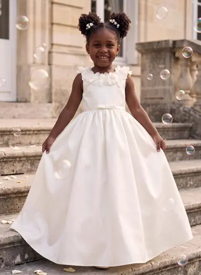Ball-Gown Scoop Neck Sleeveless Floor-Length Satin/Tulle Flower Girl Dresses With Bow/Pockets/Flower