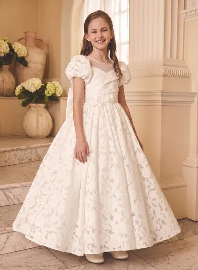 Ball-Gown Scoop Neck Short Sleeves Ankle-Length Satin/Tulle Flower Girl Dresses With Bow/Flower