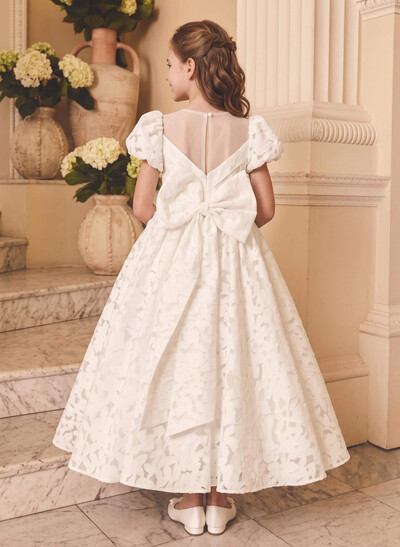 Ball-Gown Scoop Neck Short Sleeves Ankle-Length Satin/Tulle Flower Girl Dresses With Bow/Flower