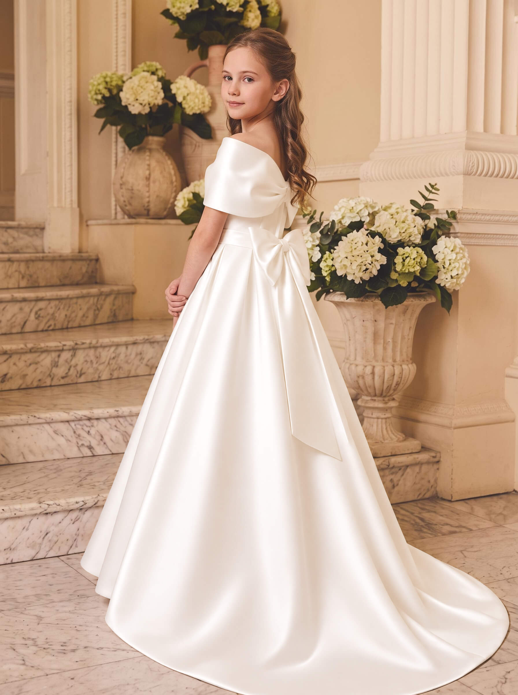 Ball-Gown Off-The-Shoulder Sleeveless Court Train Satin Flower Girl Dresses With Bow/Pockets/Pleated
