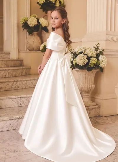 Satin Ball Gown Flower Girl Dress, Off-The-Shoulder, Sleeveless With Court Train, Bow, Pockets & Pleats