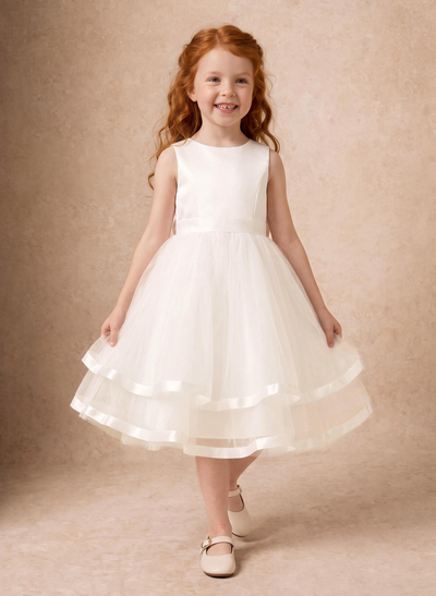 Ball Gown Scoop Neck Sleeveless Knee-Length Satin/Tulle Flower Girl Dresses With Pockets