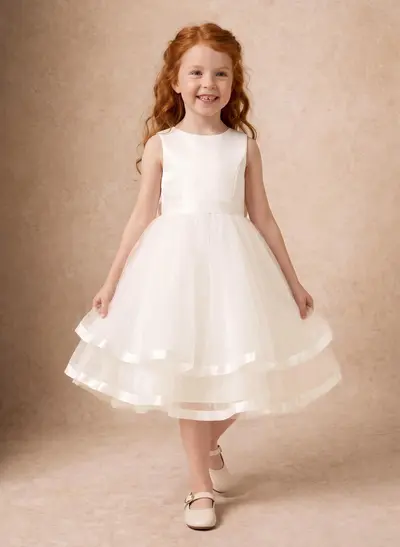 Ball-Gown Scoop Neck Sleeveless Knee-Length Satin/Tulle Flower Girl Dresses With Pockets