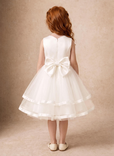 Ball Gown Scoop Neck Sleeveless Knee-Length Satin/Tulle Flower Girl Dresses With Pockets