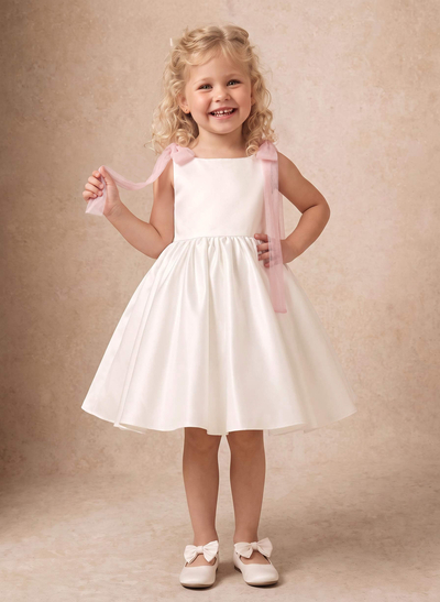 Ball-Gown Scoop Neck Sleeveless Knee-Length Satin/Organza Flower Girl Dresses With Pleated
