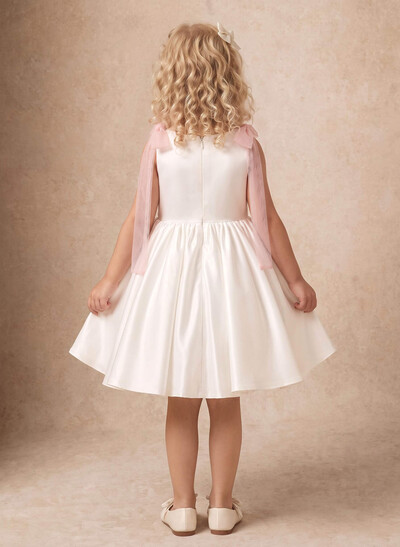 Ball-Gown Scoop Neck Sleeveless Knee-Length Satin/Organza Flower Girl Dresses With Pleated