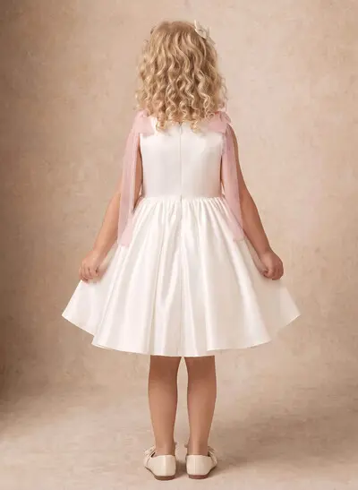 Ball Gown Scoop Neck Sleeveless Knee-Length Satin And Organza Flower Girl Dresses With Pleats