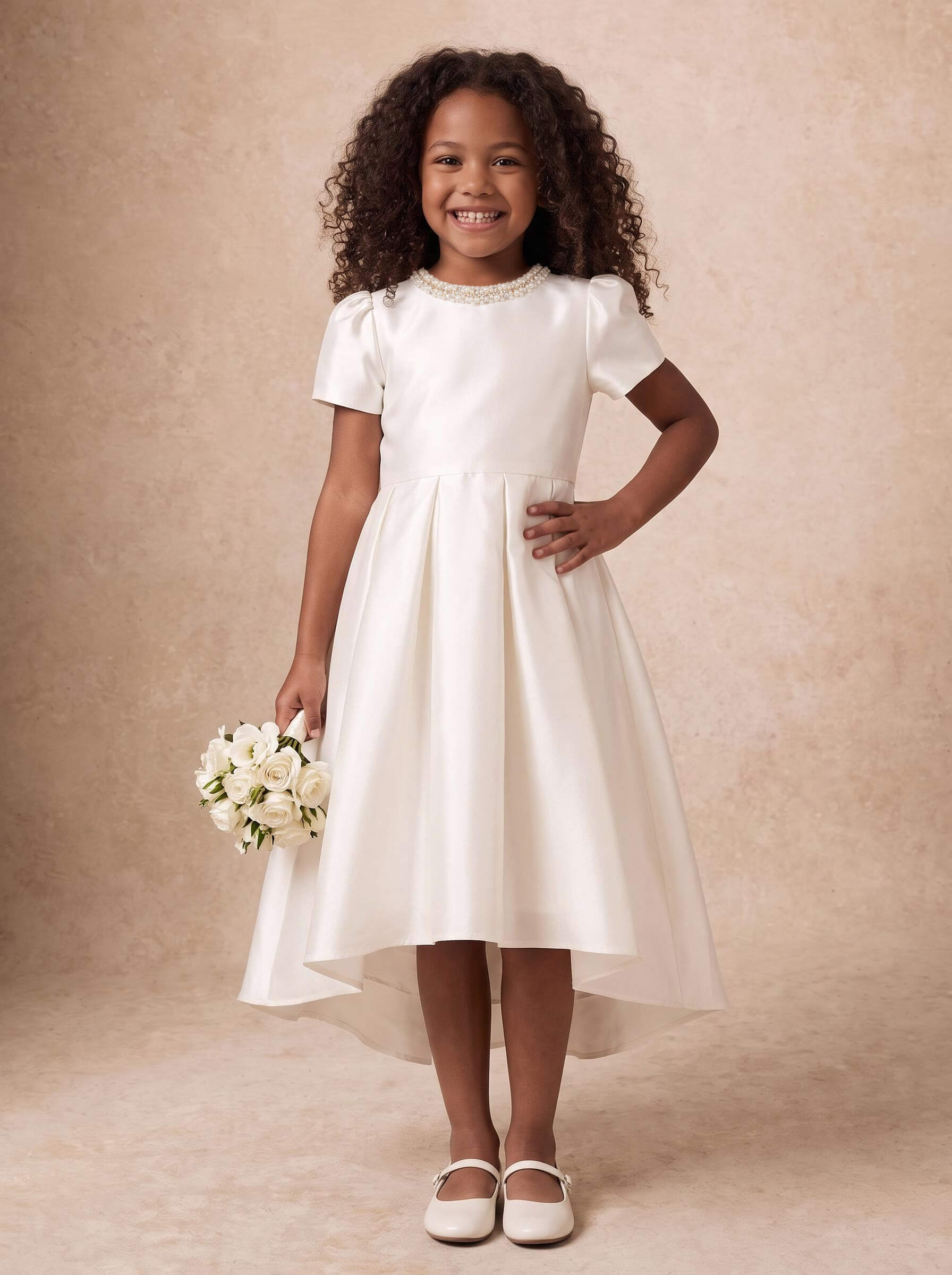 A-Line Scoop Neck Short Sleeve Tea-Length Satin Flower Girl Dresses With Bow/Pockets/Beading