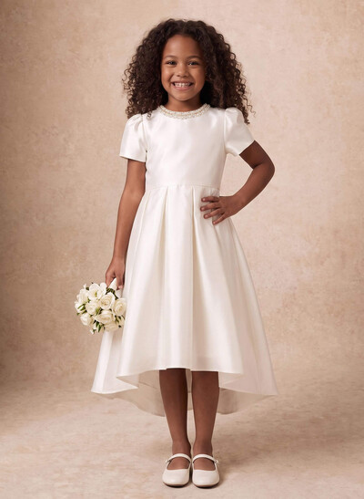 A-Line Scoop Neck Short Sleeve Tea-Length Satin Flower Girl Dresses With Bow/Pockets/Beading
