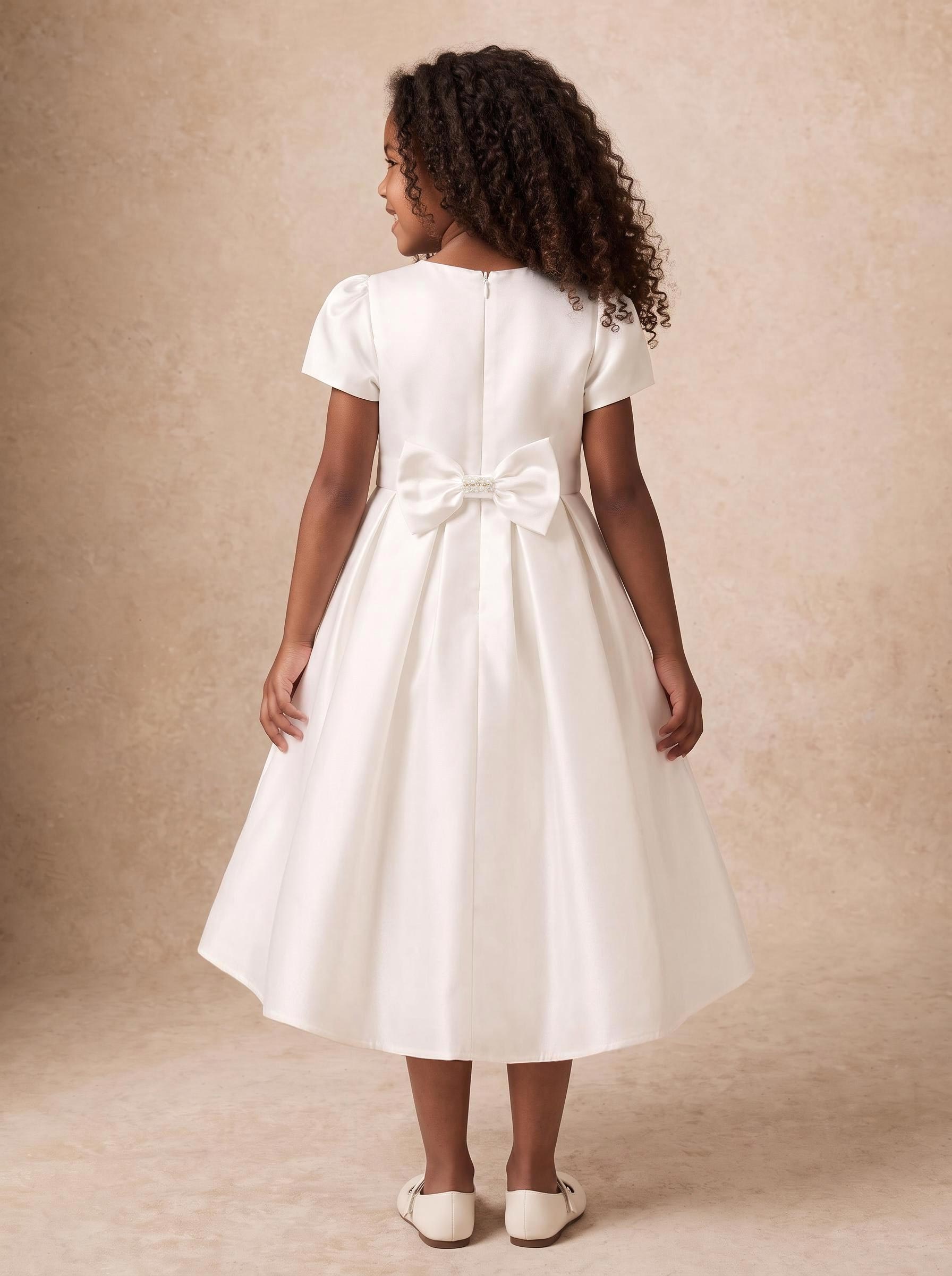 A-Line Scoop Neck Short Sleeve Tea-Length Satin Flower Girl Dresses With Bow/Pockets/Beading