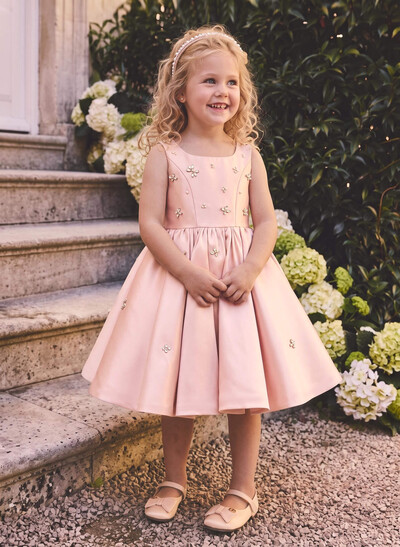 Ballgown Square Neck Sleeveless Knee-Length Satin And Tulle Flower Girl Dresses With Diamanté