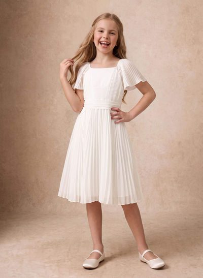 Ball Gown Square Neck Sleeveless Knee-Length Chiffon Flower Girl Dresses With Pockets, Pleats And Sash