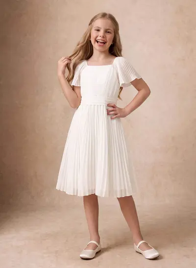Ball-Gown Square Neckline Sleeveless Knee-Length Chiffon Flower Girl Dresses With Pockets/Pleated/Sash