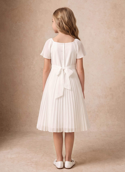 Ball Gown Square Neck Sleeveless Knee-Length Chiffon Flower Girl Dresses With Pockets, Pleats And Sash