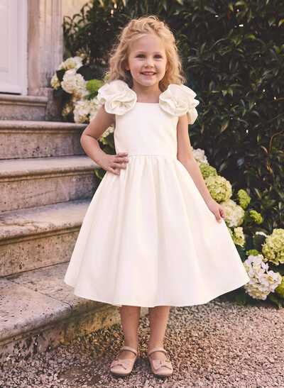 Ball-Gown Scoop Neck Sleeveless Tea-Length Satin Flower Girl Dresses With Bow/Pockets/Flower
